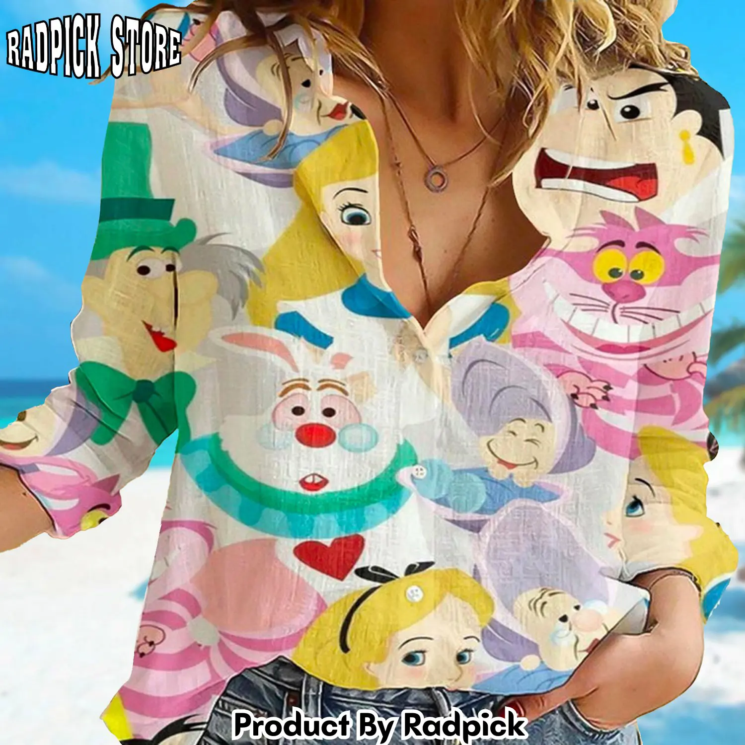 Radpick wonderland linen shirt cute movie characters linen casual shirt cartoon women blouses shirt magic kingdom tshirt family trip g rp6621